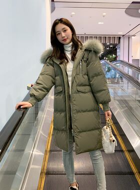 冬加厚中长款羽绒服女连帽真貉子毛大毛领白鸭绒羽绒外套韩