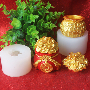 钱袋聚宝盆铜钱罐捏捏模具元宝金币钱堆石膏硅胶模具翻糖矽胶模