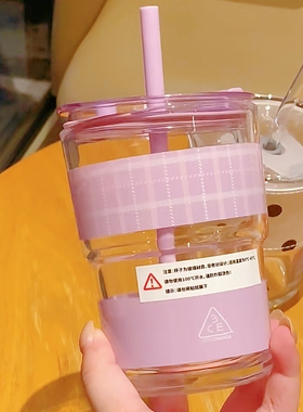 3ce三熹玉波点紫色格纹玻璃杯带盖子吸管便携款高颜值水杯400ml量