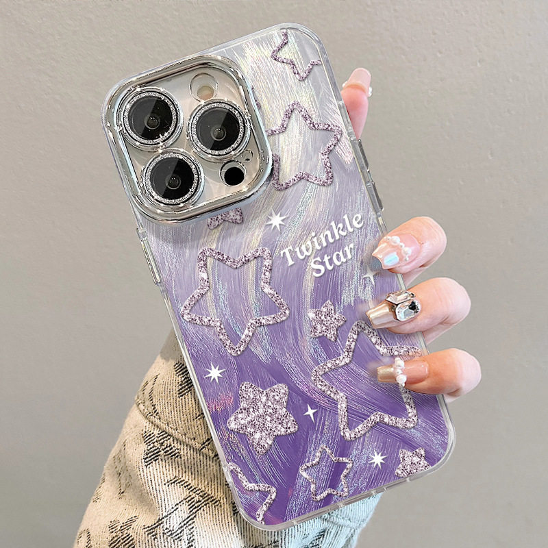 适用opporeno12羽纱手机壳vivos18渐变闪钻星星链条小米14镜头膜
