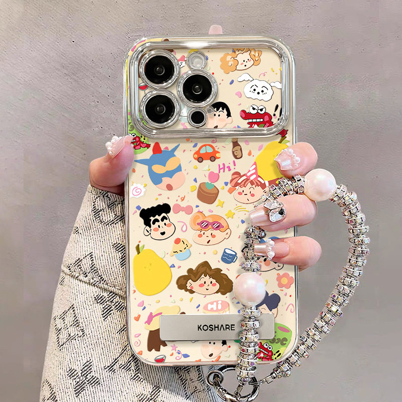 适用苹果15手机壳iPhone14pro可爱小新家族支架链条13电镀6D视窗x
