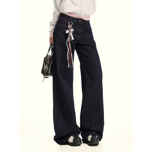 宽松直筒长裤 赛小懒2025新款 阔腿牛仔裤 复古百搭红线设计窄版 秋季