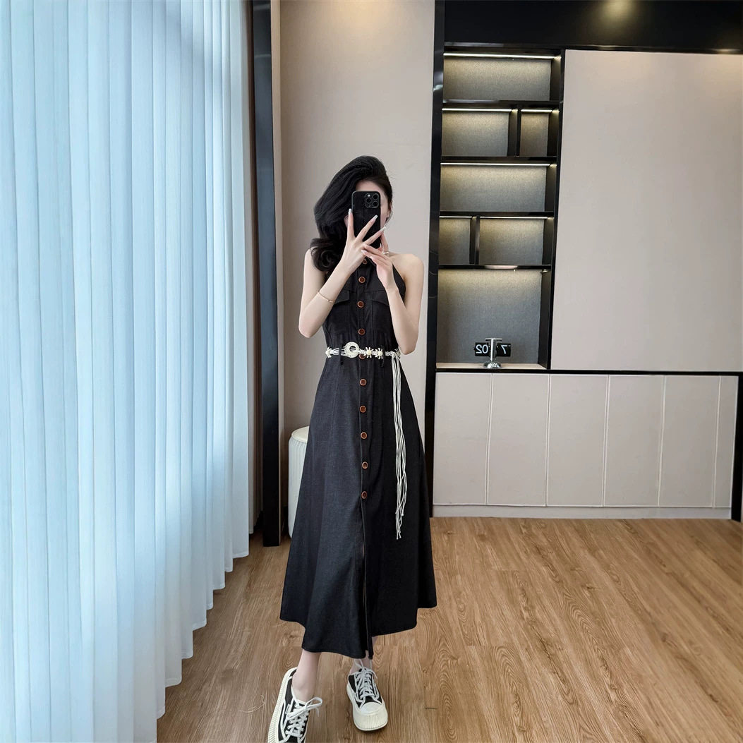 深圳南油性感露肩收腰牛仔配腰带显MM连衣裙女夏季垂直感十足长群