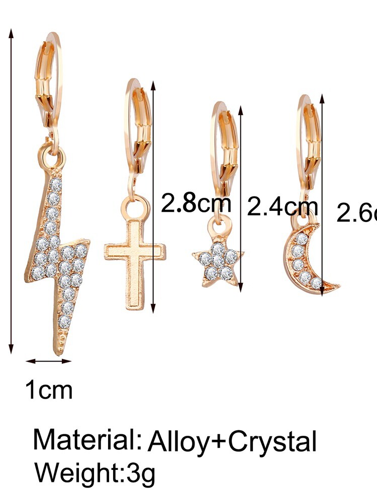 EARRINGS WOMEN 4PCS SET EUROPEAN AND AMERICAN JEWELRY LIGHTNING CROSS STAR MOON EARRINGS SET DIAMONDS 4PCS