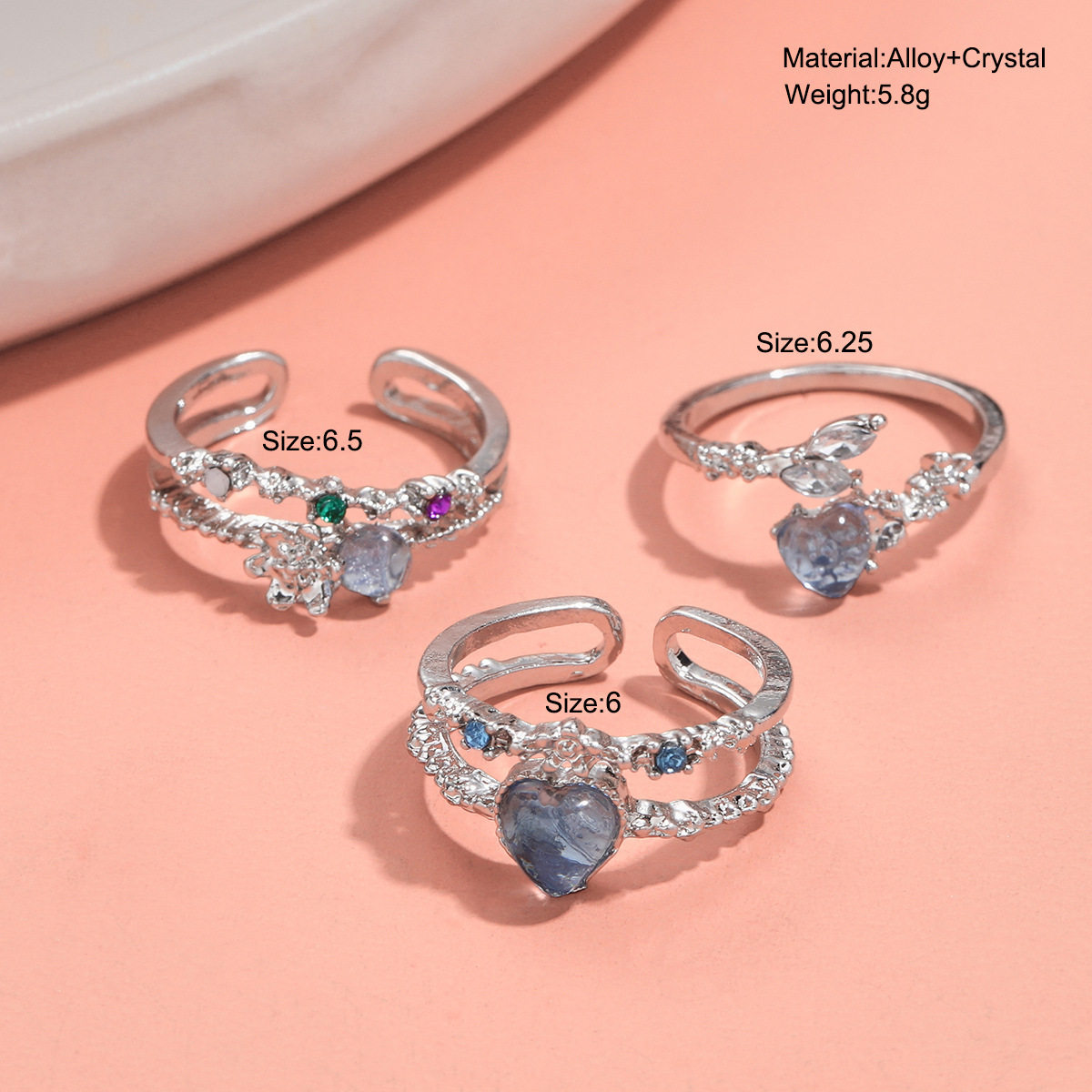 OPEN RINGS AQUA BLUE HEART MOONLIGHT ZIRCON OPEN RING WOMENS NICHE INDEX FINGER RING DELICATE ADJUSTABLE RING