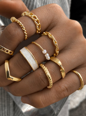Retro inlaid Pearl White edge ring 10 Piece Set rings women