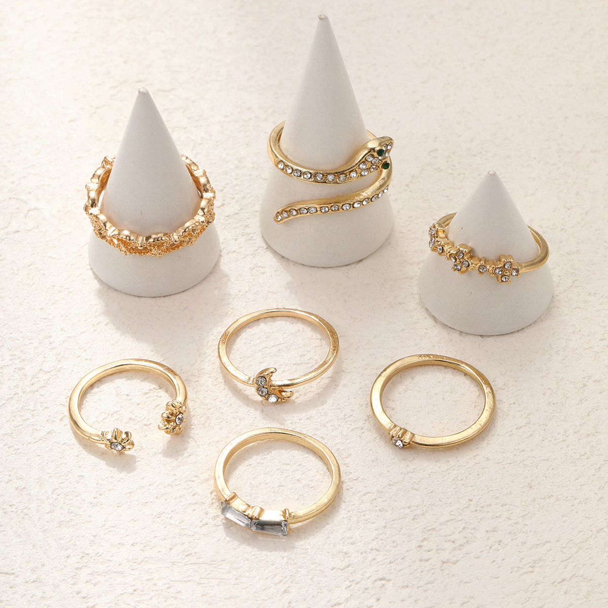 RING SET 7 PIECES STARS MOON DIAMOND-SET RINGS VINTAGE SERPENTINE JOINT RINGS 7-PIECE SET SET