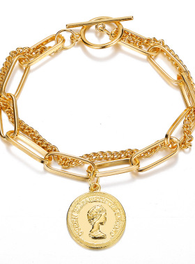 bracelet women 53017 双层OT扣人像圆形吊坠手錬覆古炼条手錬