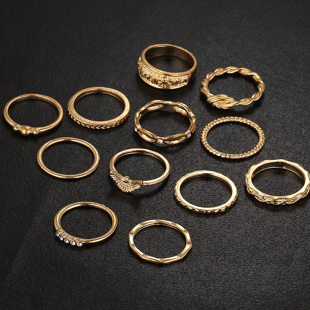 FINGER RINGS WOMEN 12PCS SETS OF 12PCS SETS OF DIAMOND RINGS ENTWINED KNOTTED ENGRAVED RINGS