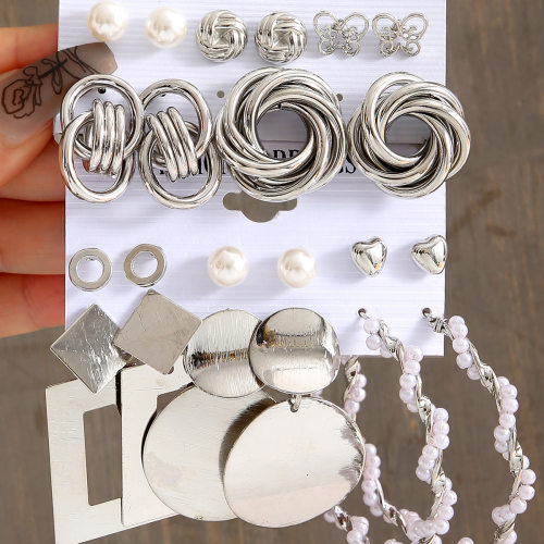 earrings women合金耳环套装银色几何形个性夸张耳环嵌珍珠耳环