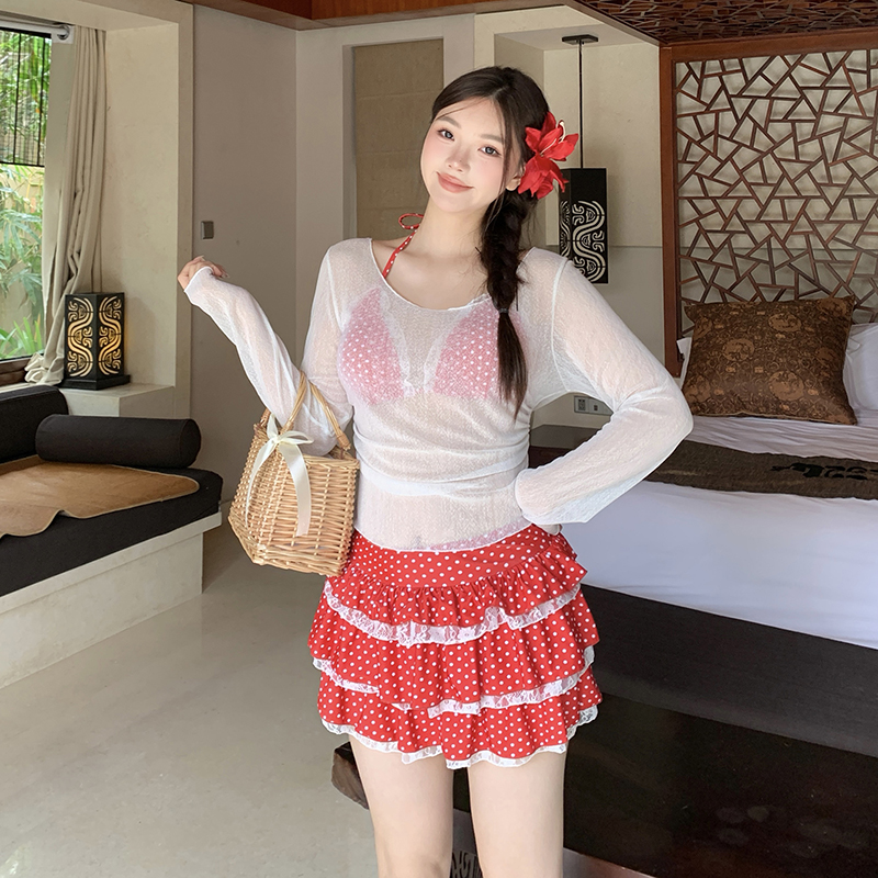 甜美可爱风红色波点比基尼套装