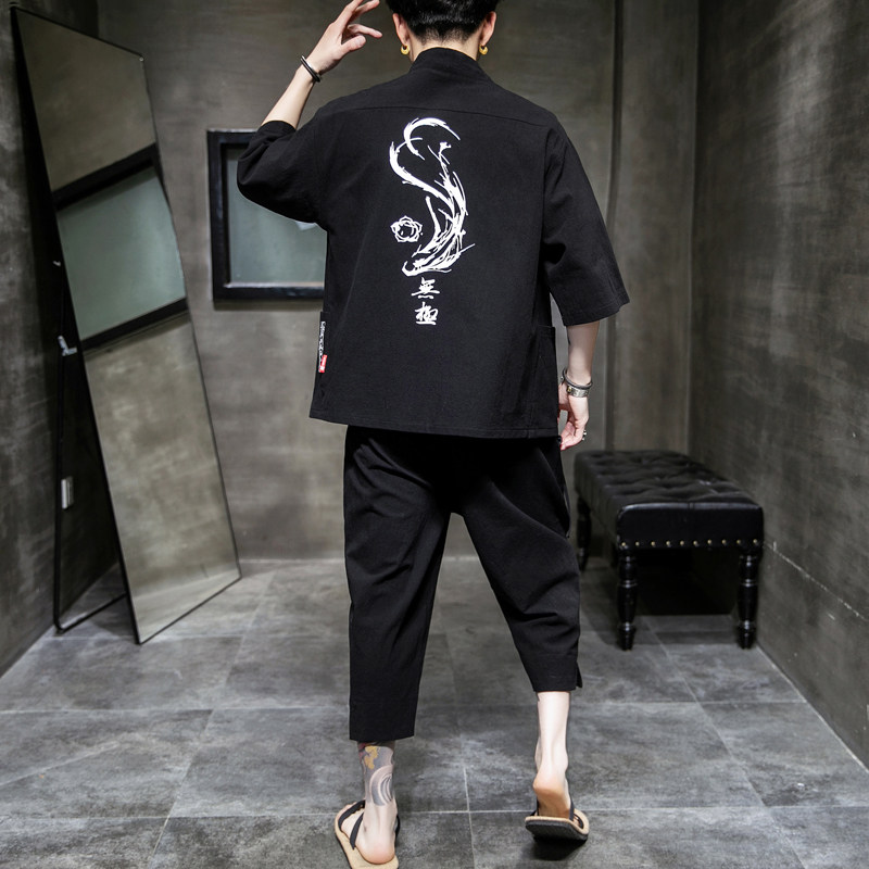 A70P60室内风风夏季七分裤七分袖宽松休闲加大码汉服套装,男装休闲套装,电商A026