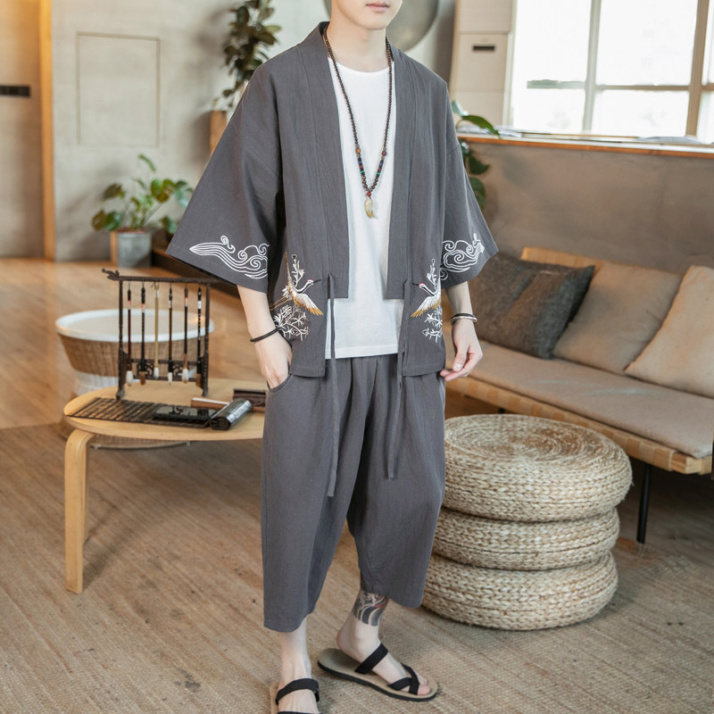 A611P90咖啡厅亚麻风宽松百搭时尚仙鹤绣花七分汉服套装,男装休闲套装,电商A026