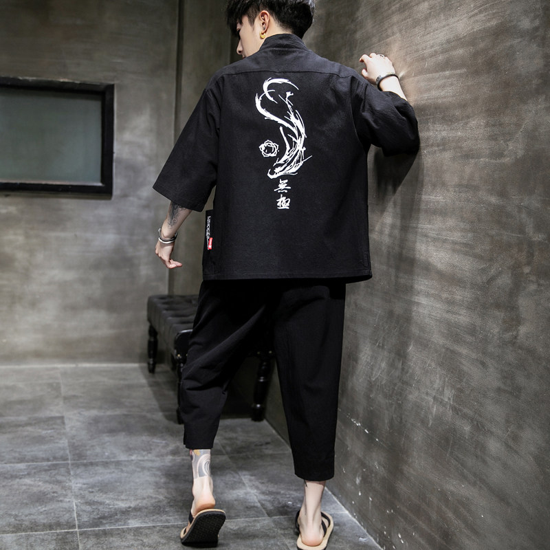 A70P60室内风风夏季七分裤七分袖宽松休闲加大码汉服套装,男装休闲套装,电商A026
