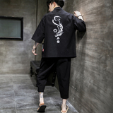 A70P60室内风风夏季七分裤七分袖宽松休闲加大码汉服套装，男装休闲套装，电商A026