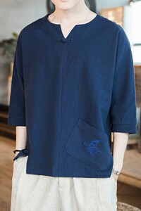 587 P45 咖啡厅2024夏装新款风仙鹤绣花棉麻七分袖T恤图片