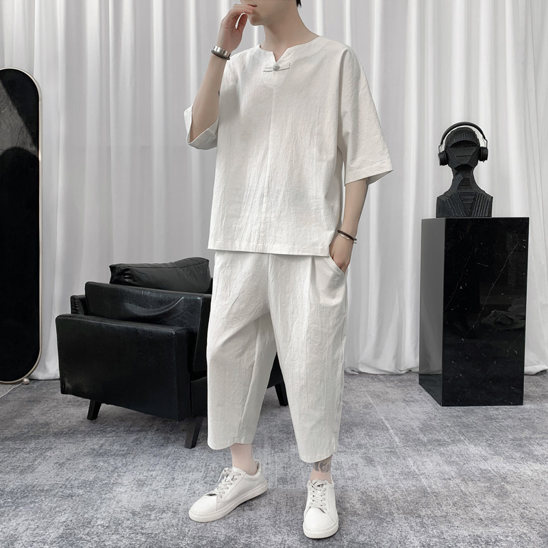 W8581P85短句风短袖棉麻夏装牛头印花风休闲七分T恤套装,男装休闲套装,电商A026