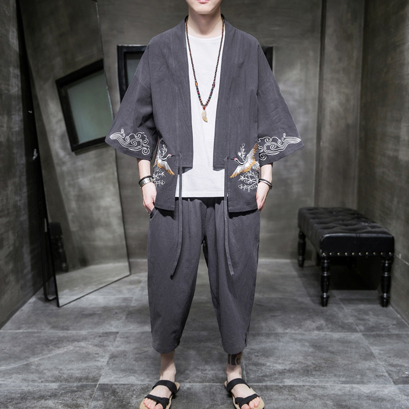 A611 P85 室内风 风亚麻宽松仙鹤绣花七分袖潮流复古汉服套装图片