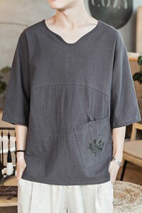 583 P45 咖啡厅2024夏装新款风潮流棉麻七分袖加大码T恤图片