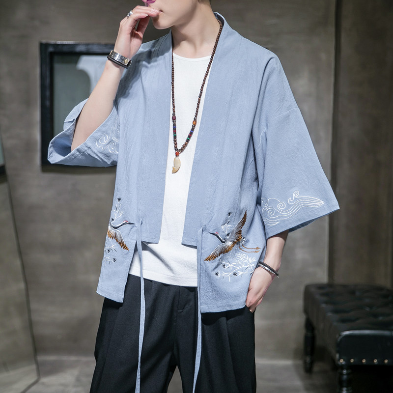 F861P55室内风潮流时尚亚麻宽松开衫风加大码休闲汉服,男装夹克,电商A026