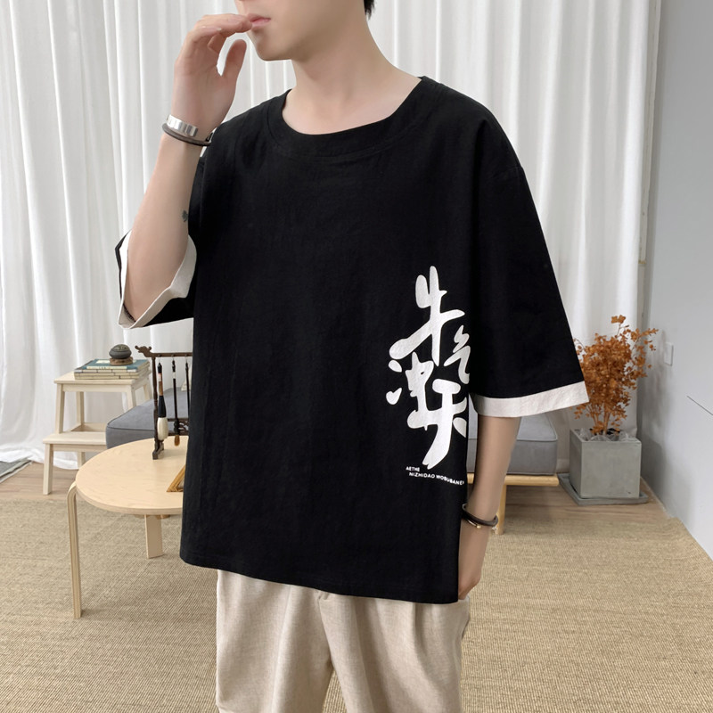 T8887P45新咖啡厅风棉麻纯棉汉字印花短袖圆领T恤夏装,男装T恤,电商A026