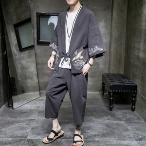 A611 P85 室内风 风亚麻宽松仙鹤绣花七分袖潮流复古汉服套装图片