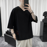 T8892P45短句风冰丝夏装薄款凉爽宽松荷花刺绣风V领T恤，男装T恤，电商A026
