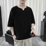 T8882P45短句风夏青年亚麻撞色拼接体恤棉麻休闲七分袖风，男装T恤，电商A026