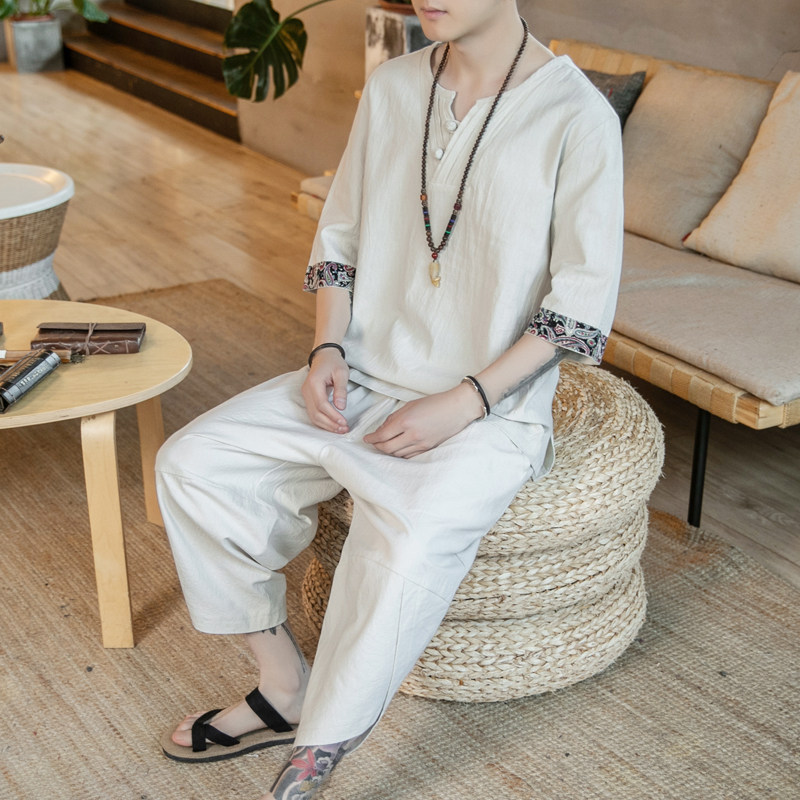 W706P60咖啡厅风V领盘扣七分袖七分裤大码复古T恤套装,男装休闲套装,电商A026