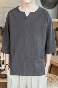 587 P45 咖啡厅风潮流时尚V领盘扣仙鹤绣花百搭七分袖T恤图片