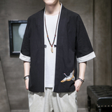 F65P45室内风亚麻休闲加大码开衫风仙鹤刺绣七分袖汉服，男装夹克，电商A026