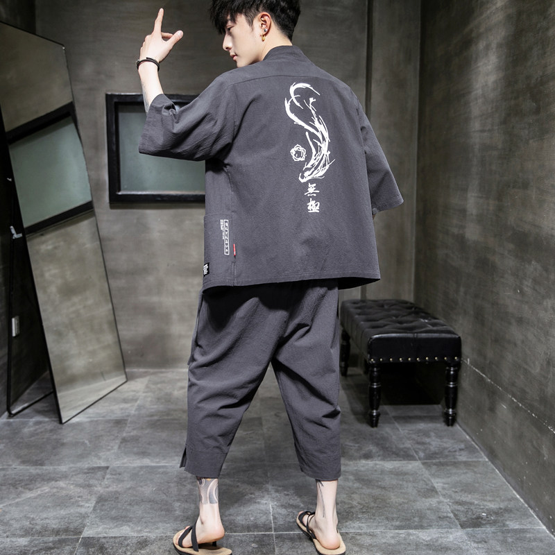 A70P60室内风2024夏装新款风七分裤休闲大码汉服T恤套装,男装休闲套装,电商A026