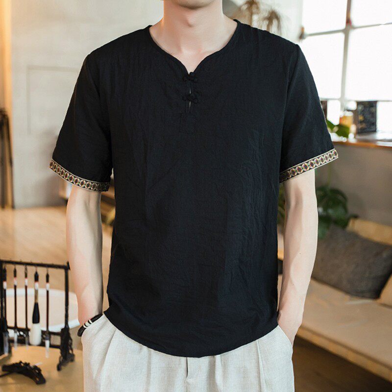 686特P23咖啡厅潮流V领盘扣风宽松薄款七分短袖棉麻T恤,男装T恤,电商A026