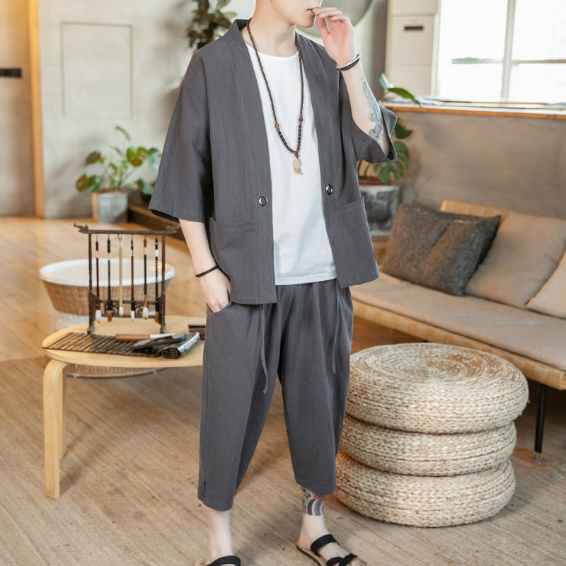 A70P60咖啡厅2024夏装新款风大码宽松七分裤汉服潮流套装,男装休闲套装,电商A026