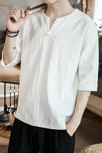 T19 特P35 咖啡厅风V领盘扣刺绣宽松亚麻七分袖盘扣T恤图片