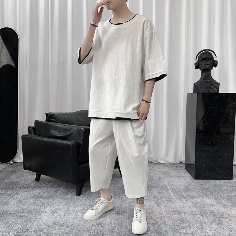 W856P85短句风撞色棉麻风七分袖七分裤T恤套装学生百搭,男装休闲套装,电商A026