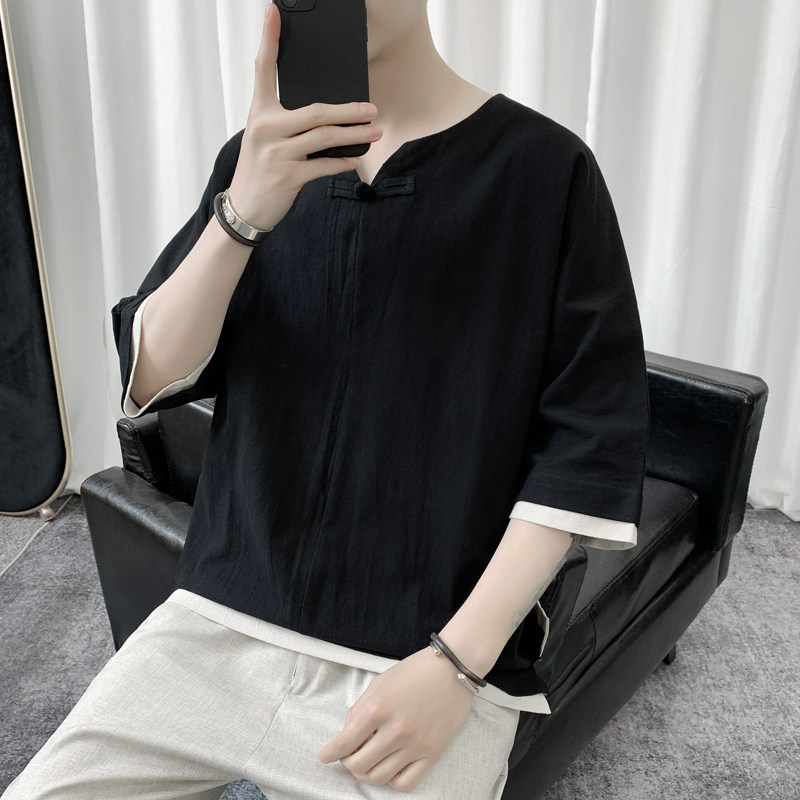 T8882P45短句风夏青年亚麻撞色拼接体恤棉麻休闲七分袖风,男装T恤,电商A026