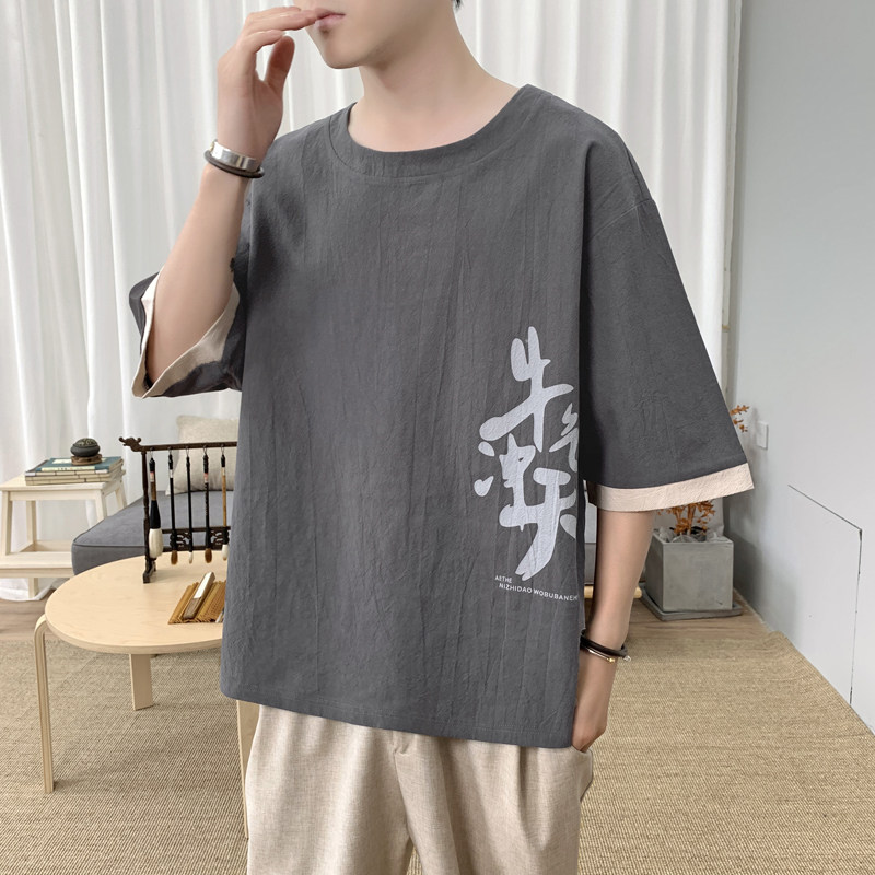 T8887P45新咖啡厅休闲时尚棉麻宽松短袖牛气冲天印花风,男装T恤,电商A026
