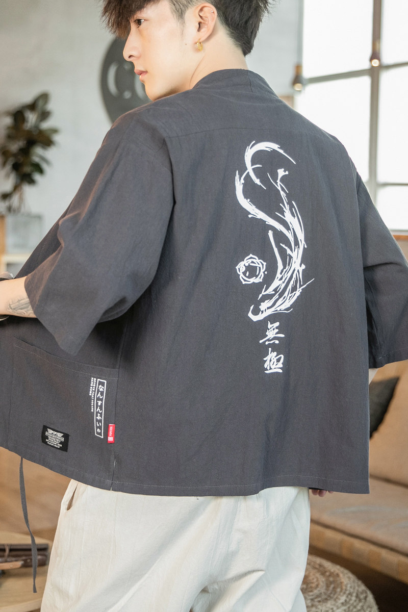 F70P45咖啡厅七分袖风休闲大码时尚宽松汉服棉麻开衫,男装民族服装,电商A026