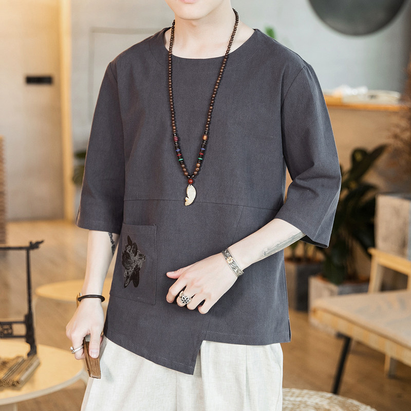 591P45咖啡厅风圆领亚麻潮流时尚百搭绣花宽松七分袖T恤,男装T恤,电商A026