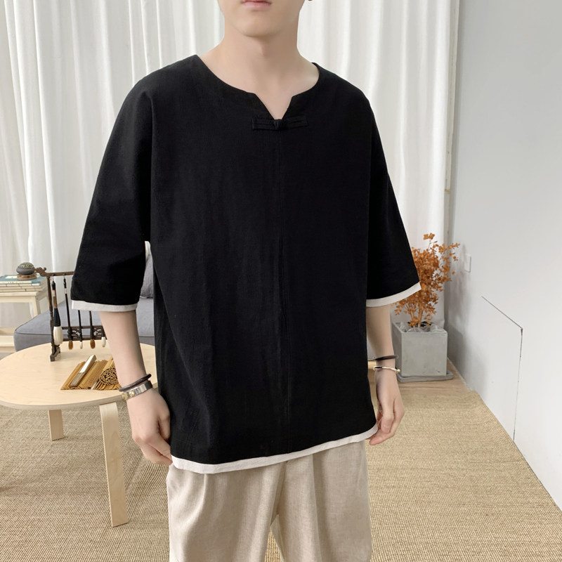 T8882P45新咖啡厅盘扣撞色百搭休闲短袖风棉麻加大码T恤,男装T恤,电商A026