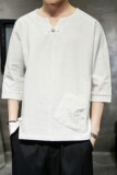 587P45室内风风亚麻仙鹤刺绣大码潮流盘扣休闲百搭宽松T恤，男装T恤，电商A026