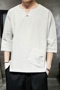 587 P45 室内风风亚麻仙鹤刺绣大码潮流盘扣休闲百搭宽松T恤图片