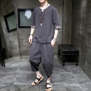 W706  P60 室内风 风亚麻时尚休闲加大码碎花拼接T恤套装图片