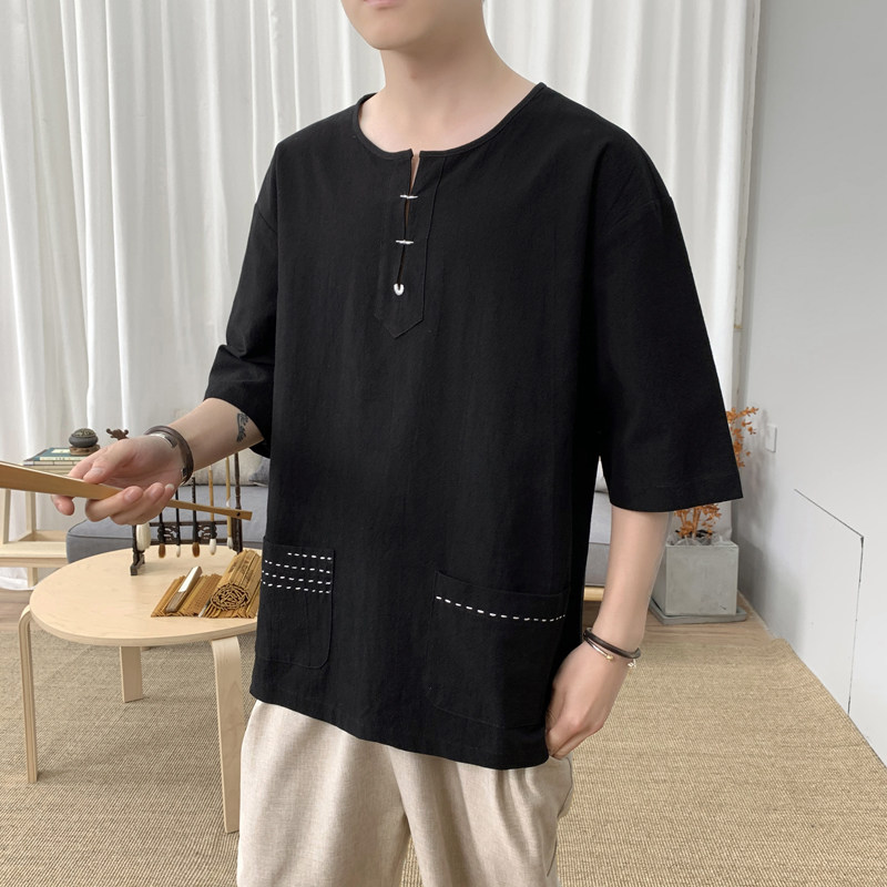 T8883P45新咖啡厅夏装棉麻短袖圆领休闲百搭风刺绣大码T恤,男装T恤,电商A026