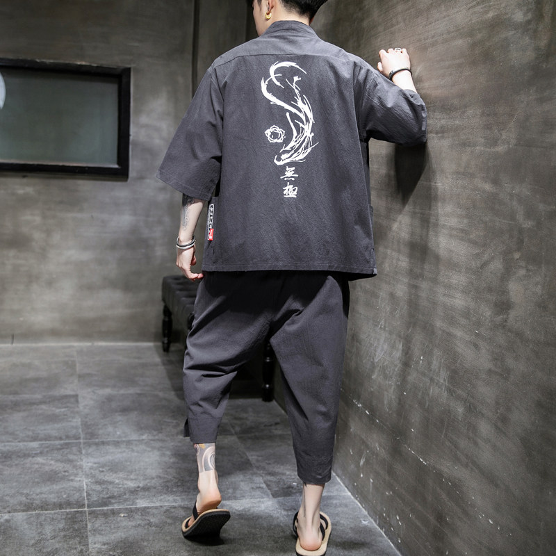 A70P60室内风2024夏装新款风七分裤休闲大码汉服T恤套装,男装休闲套装,电商A026