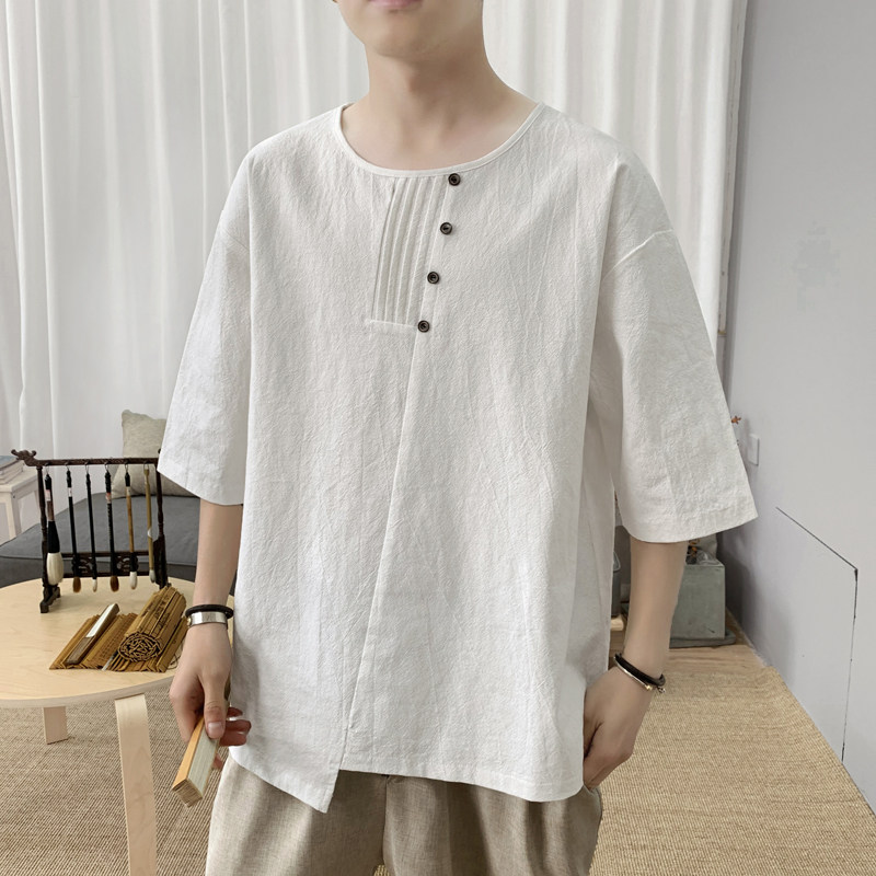T8889P45新咖啡厅纯色百搭T恤纽扣风圆领宽松潮流夏装短袖,男装T恤,电商A026