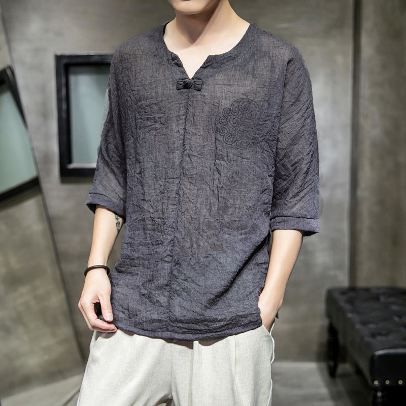 606P30室内风风时尚百搭休闲宽松仿亚麻七分袖印花短袖T恤,男装T恤,电商A026