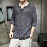 606P30室内风风时尚百搭休闲宽松仿亚麻七分袖印花短袖T恤，男装T恤，电商A026
