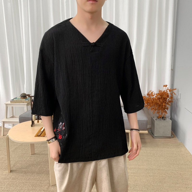 T8892P45新咖啡厅冰丝荷花刺绣夏季清凉透气T恤风V领宽松,男装T恤,电商A026